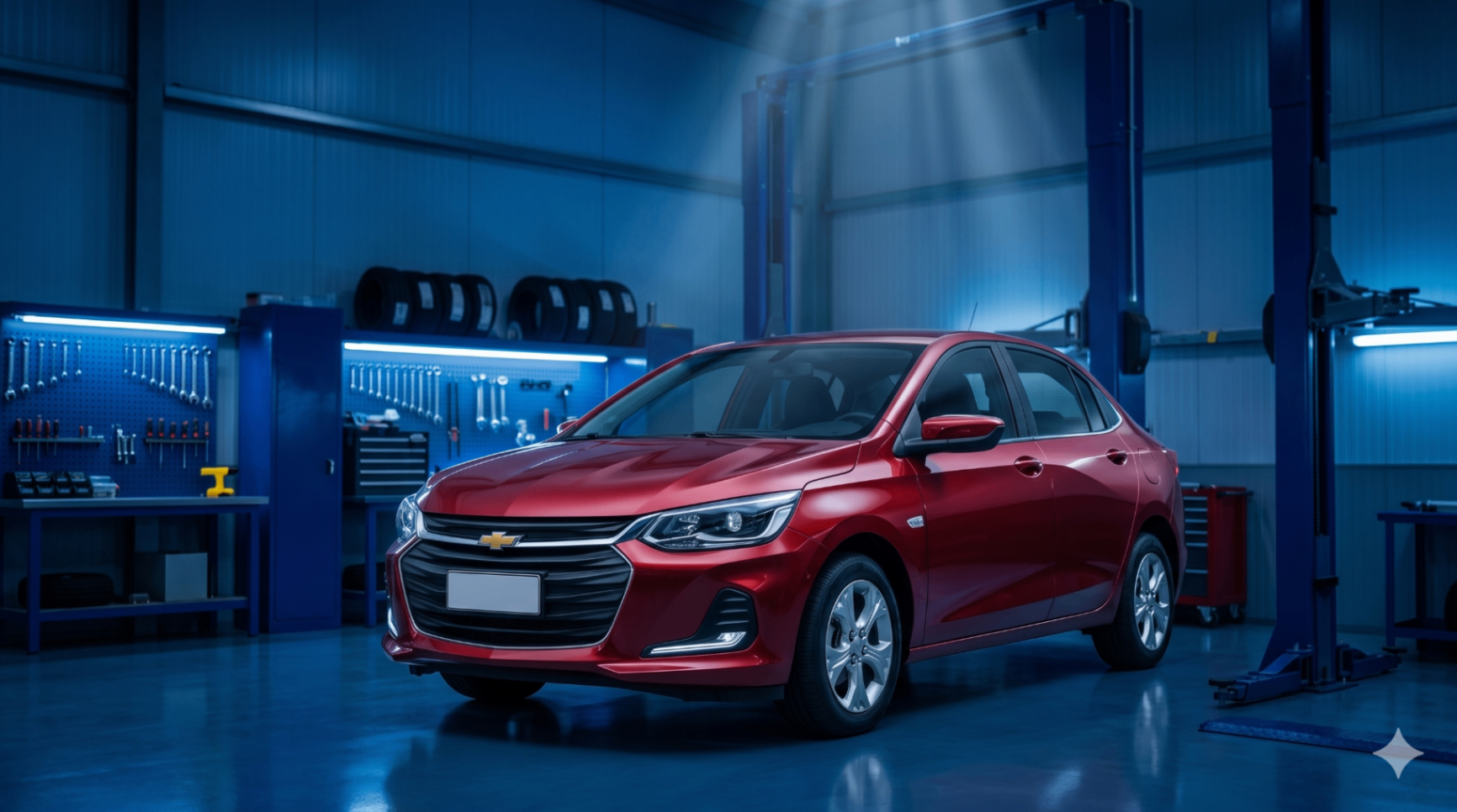 Carro popular vermelho em ambiente de oficina